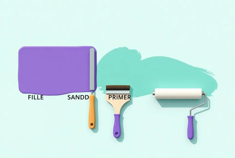 Outils de peinture disposés dans l'ordre des étapes du chantier