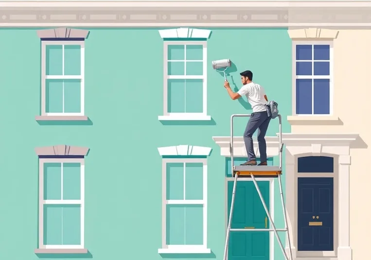 Peintre sur échafaudage traitant la façade d'une maison